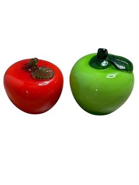 VINTAGE Murano Style 70s Blown Glass Apple Figurines/Paperweights Red and Green
